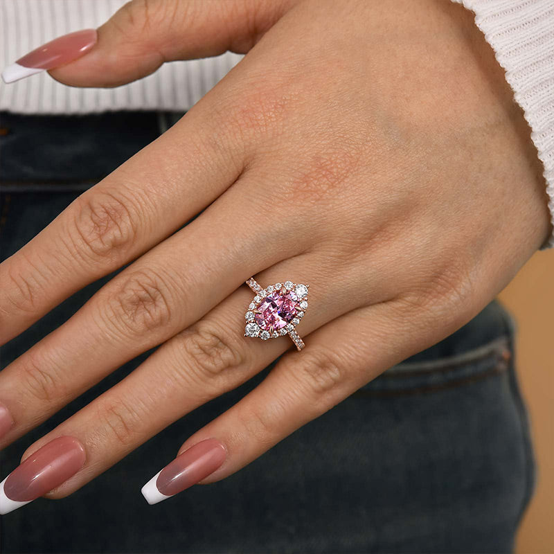 Louily Pink Stone Rose Gold Halo Oval Cut Engagement Ring - louilyjewelry