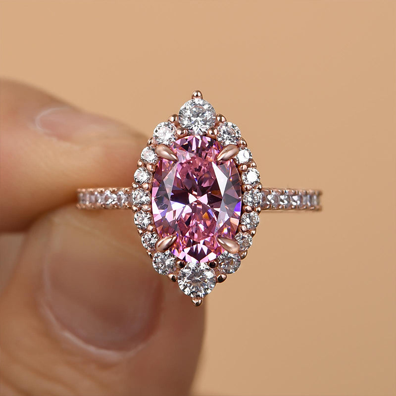 Louily Pink Stone Rose Gold Halo Oval Cut Engagement Ring - louilyjewelry