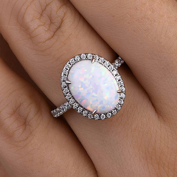 Louily Unique Opal Stone Halo Oval Cut Engagement Ring