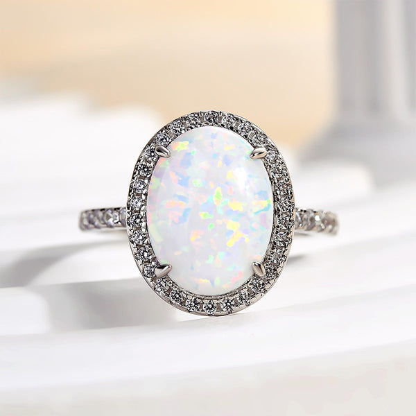 Louily Unique Opal Stone Halo Oval Cut Engagement Ring