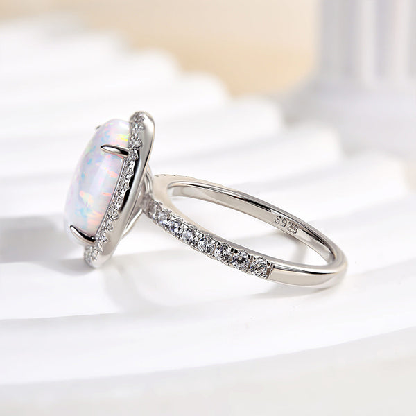 Louily Unique Opal Stone Halo Oval Cut Engagement Ring