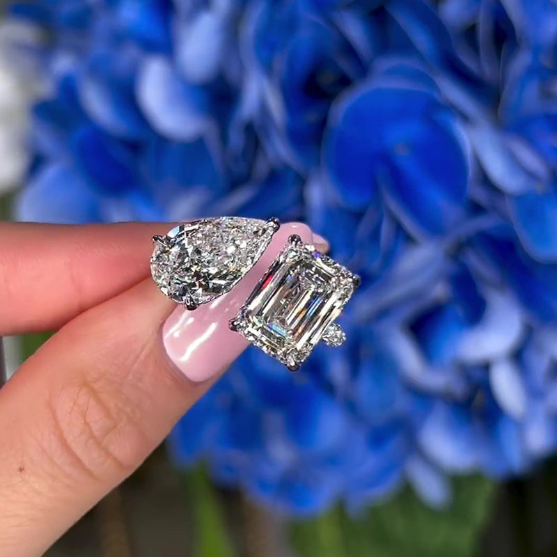 Louily Unique Double Stones Design Emerald Cut & Pear Cut Engagement Ring - louilyjewelry
