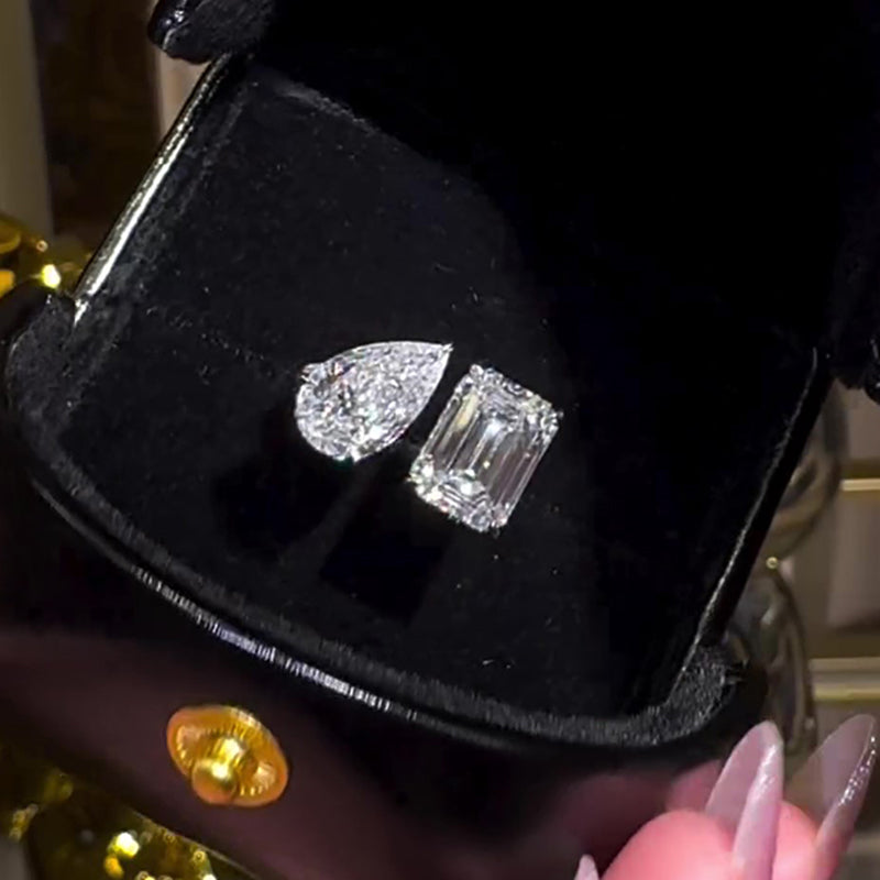 Louily Unique Double Stones Design Emerald Cut & Pear Cut Engagement Ring - louilyjewelry