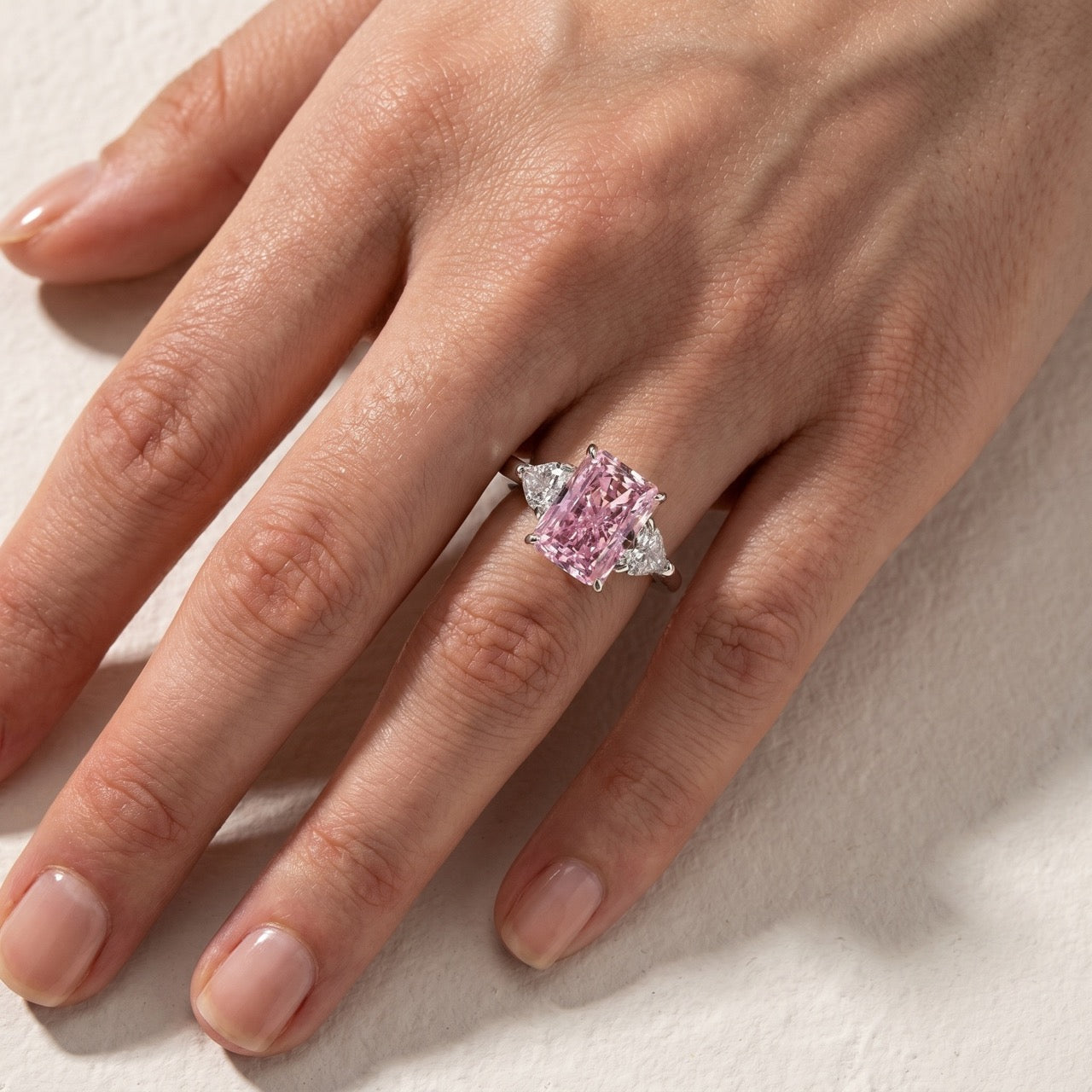 S925 5.0Ct Pink Stone Radiant Cut Three Stone Engagement Ring Anniversary Ring For Women