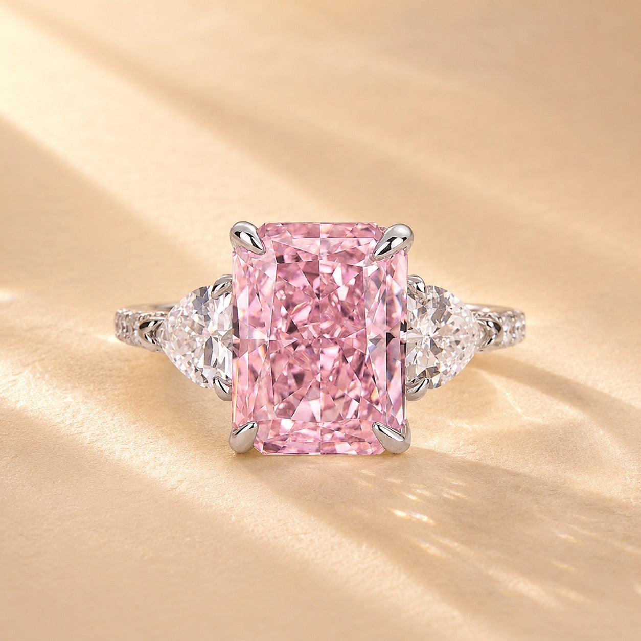 S925 5.0Ct Pink Stone Radiant Cut Three Stone Engagement Ring Anniversary Ring For Women