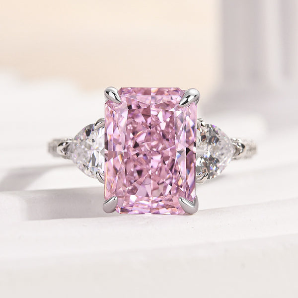 Louily Pink Stone Radiant Cut Three Stone Engagement Ring