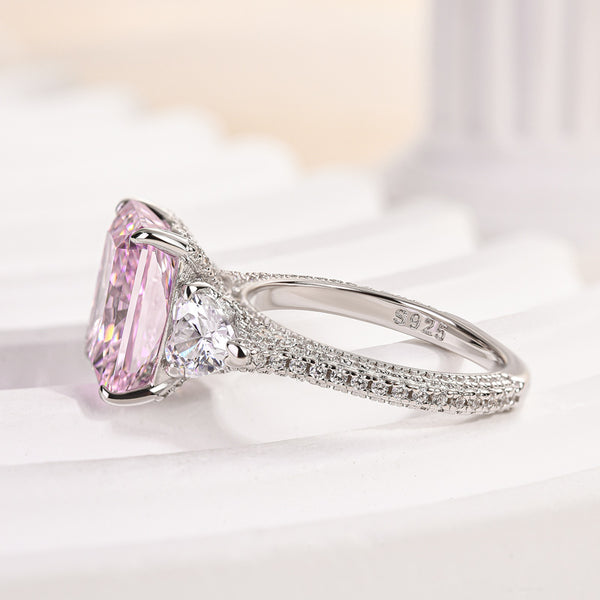 Louily Pink Stone Radiant Cut Three Stone Engagement Ring