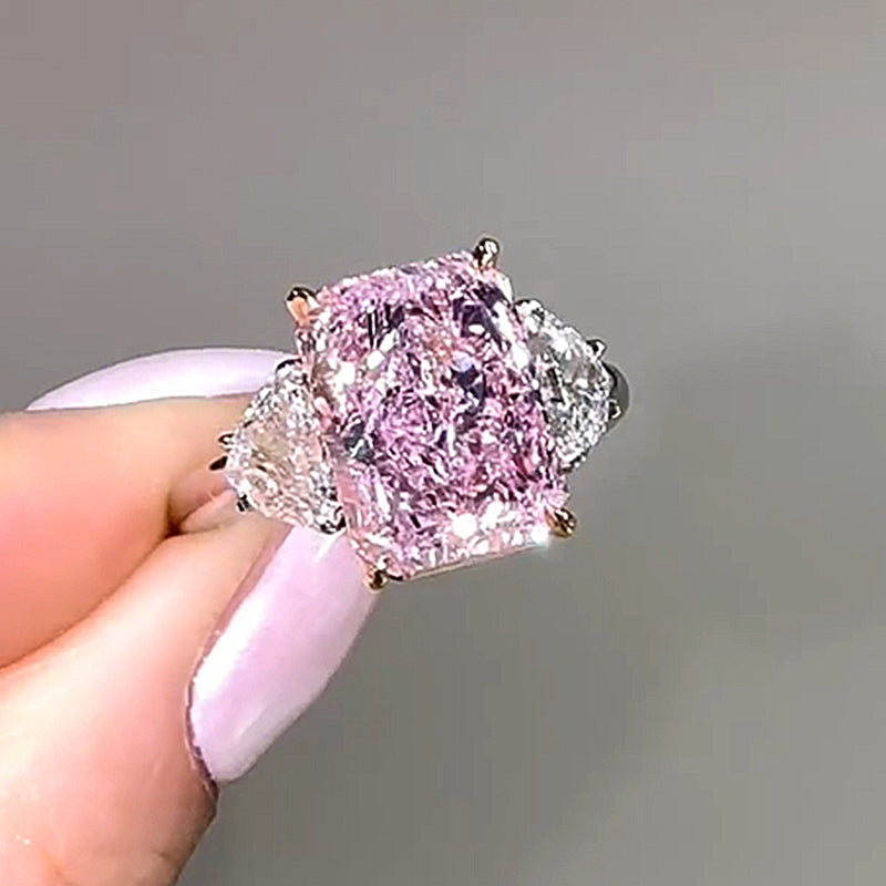 Louily Gorgeous Pink Stone Radiant Cut Three Stone Engagement Ring - louilyjewelry