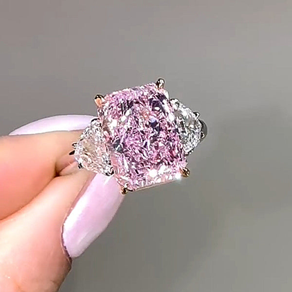 Louily Gorgeous Pink Stone Radiant Cut Three Stone Engagement Ring