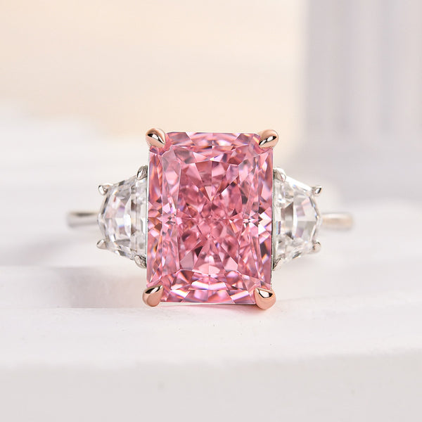 Louily Gorgeous Pink Stone Radiant Cut Three Stone Engagement Ring