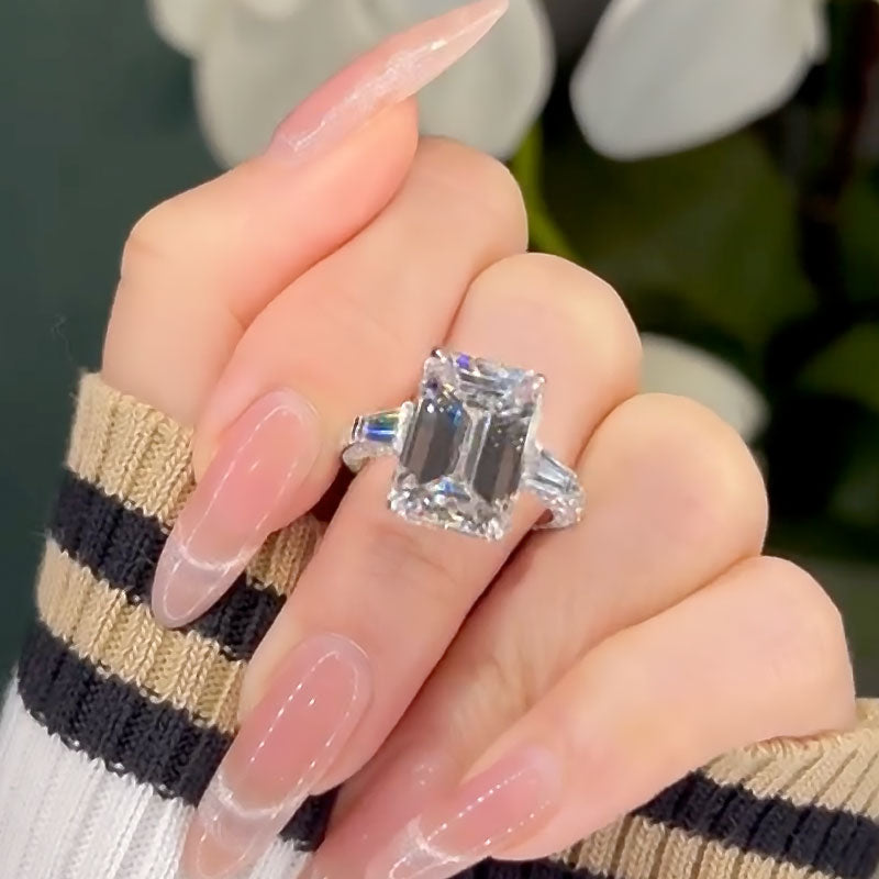 Louily Unique Emerald Cut Three Stone Engagement Ring In Sterling Silver - louilyjewelry