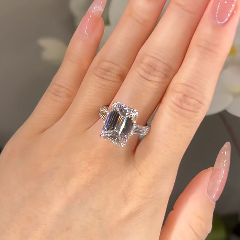 Louily Unique Emerald Cut Three Stone Engagement Ring In Sterling Silver - louilyjewelry