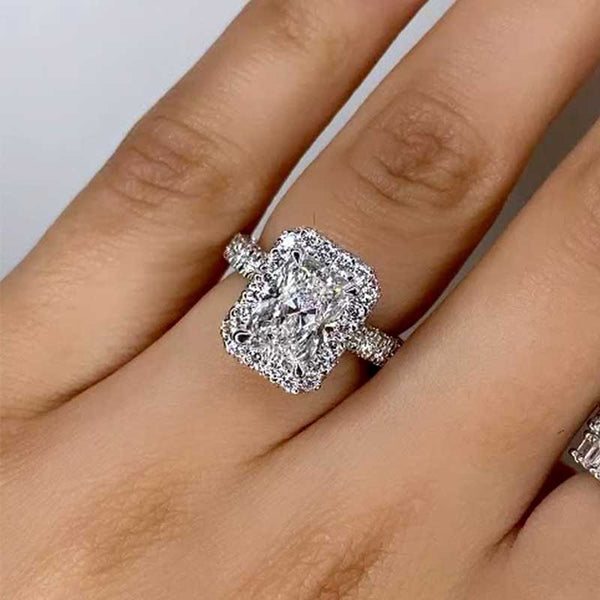 Louily Simulated Diamond Halo Radiant Cut Engagement Ring