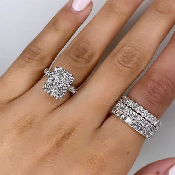 Louily Simulated Diamond Halo Radiant Cut Engagement Ring