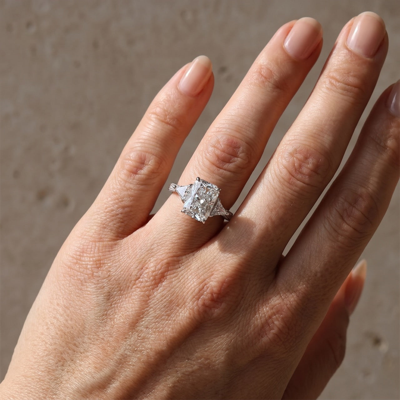 S925 5.0 Carat Radiant Cut White/Pink Three Stone Engagement Ring With Hidden Halo For Everyday Wear