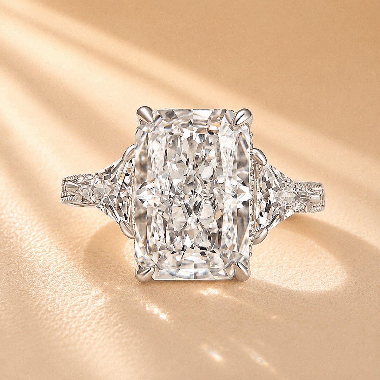 S925 5.0 Carat Radiant Cut White/Pink Three Stone Engagement Ring With Hidden Halo For Everyday Wear