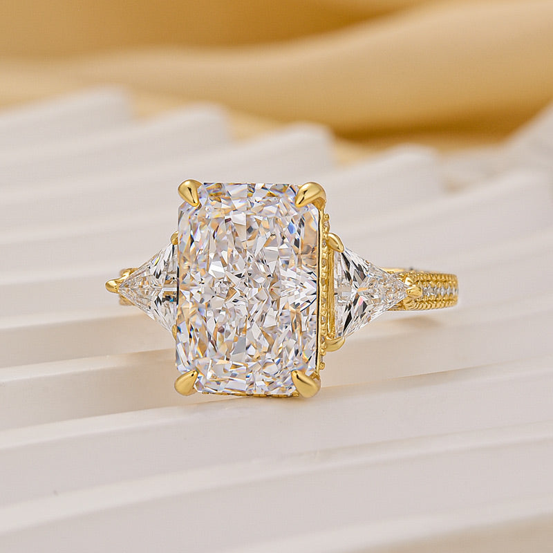 5.0 Carat Radiant Cut Three Stone Engagement Ring With Hidden Halo