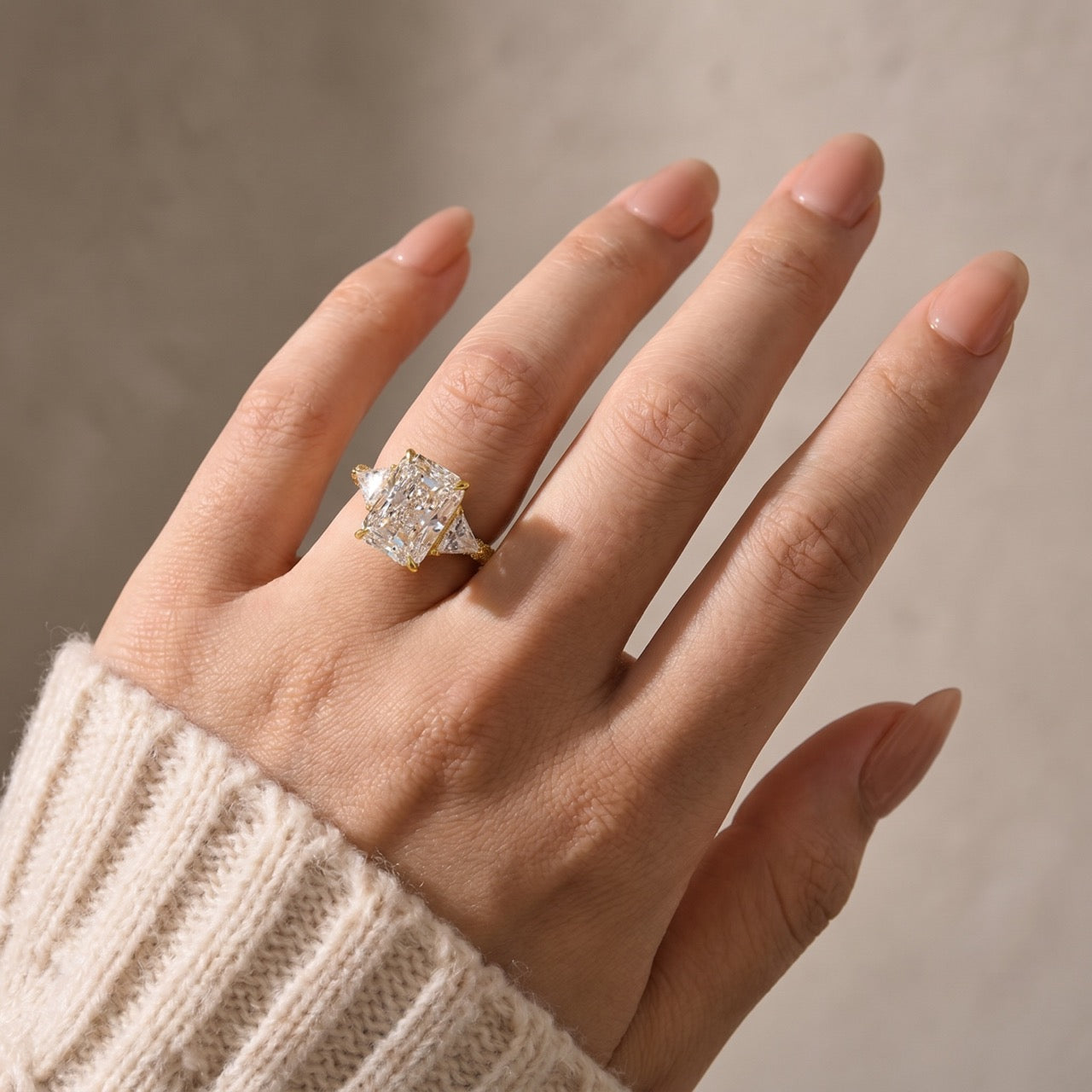 S925 5.0 Carat Radiant Cut White/Pink Three Stone Engagement Ring With Hidden Halo For Everyday Wear