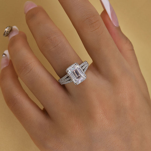 Louily Exclusive Split Shank Emerald Cut Engagement Ring In Sterling Silver