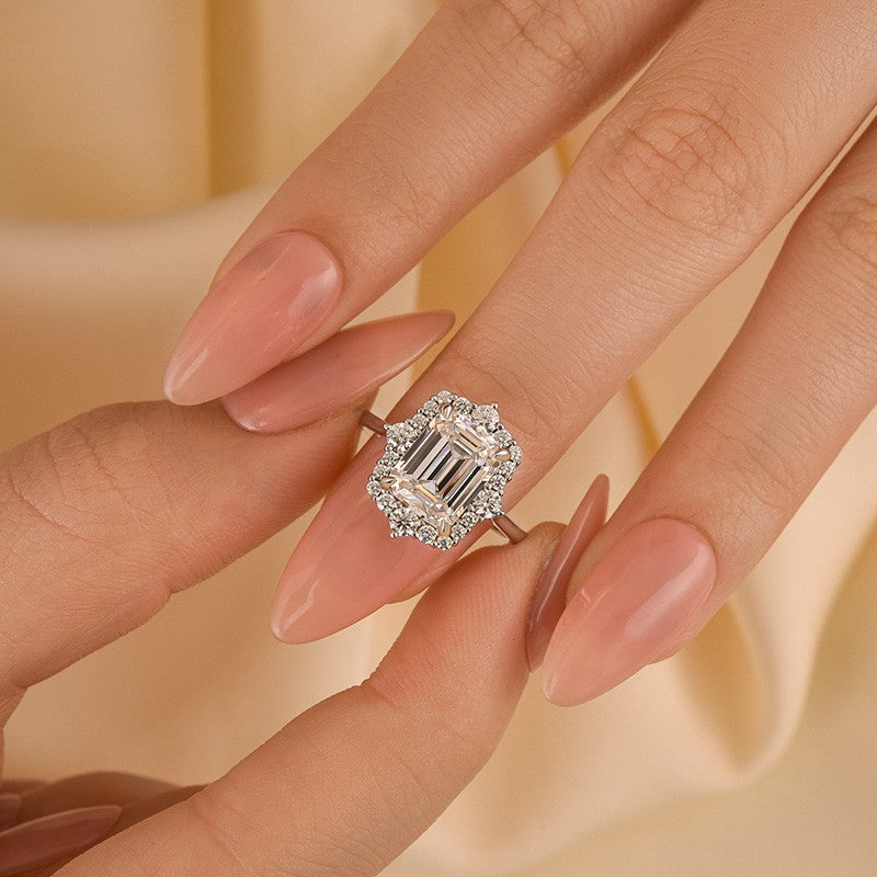 Vintage 3.0Ct Halo Emerald Cut White Stone Engagement Ring In Sterling Silver - louilyjewelry