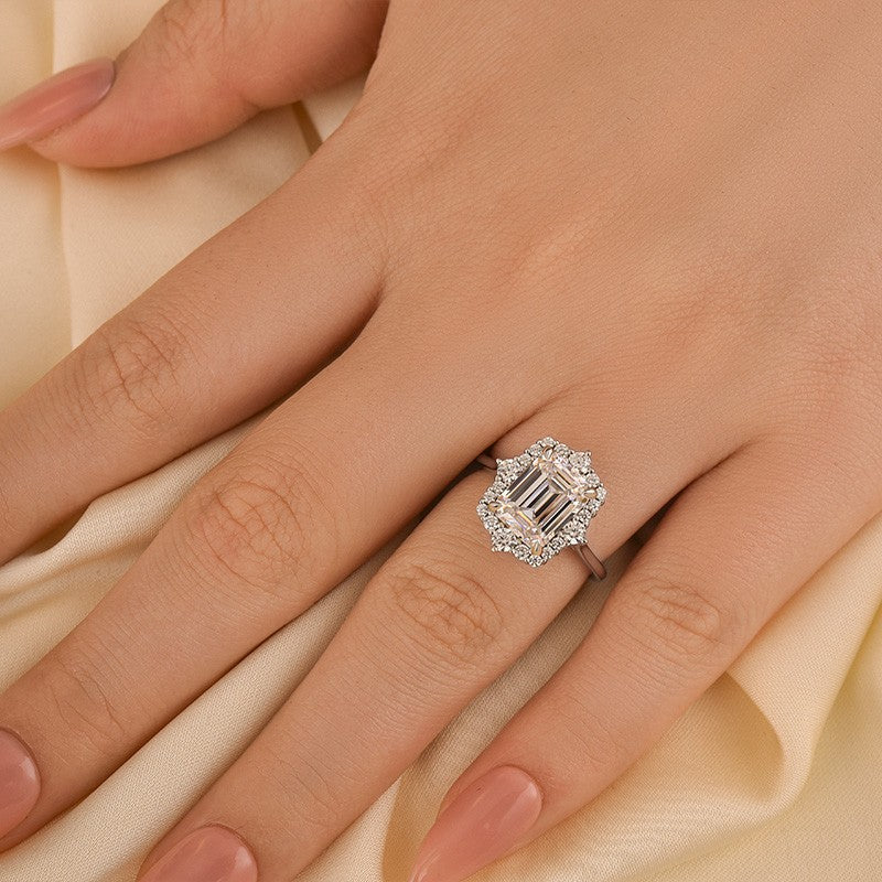Vintage 3.0Ct Halo Emerald Cut White Stone Engagement Ring In Sterling Silver - louilyjewelry