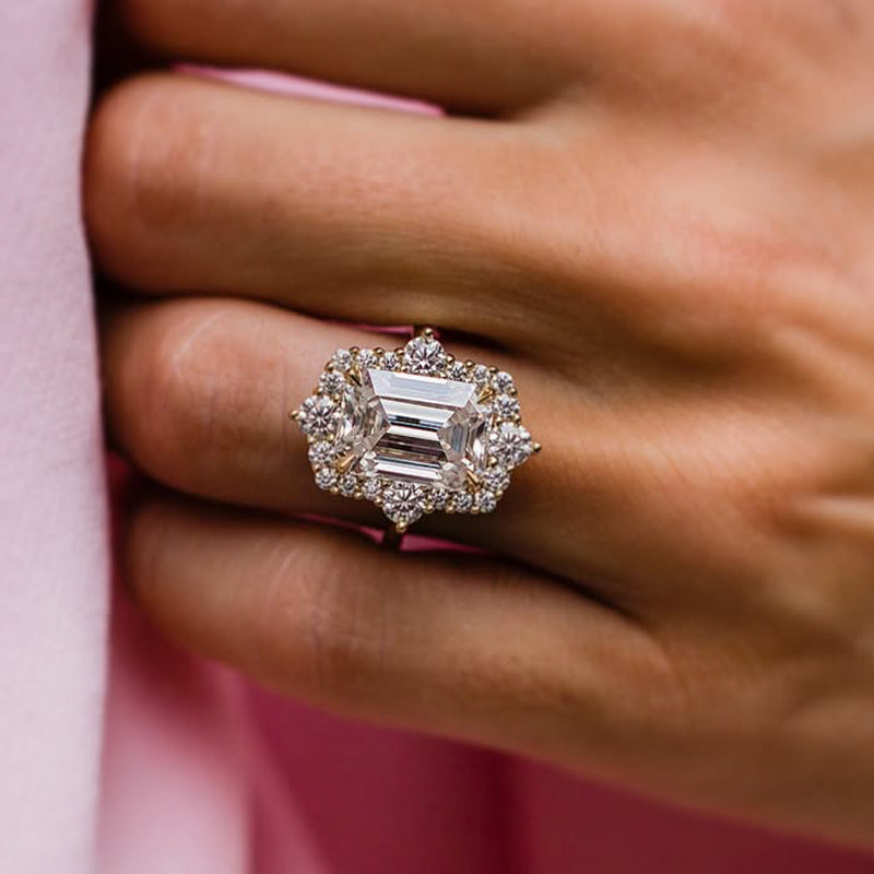 Vintage 3.0Ct Halo Emerald Cut White Stone Engagement Ring In Sterling Silver