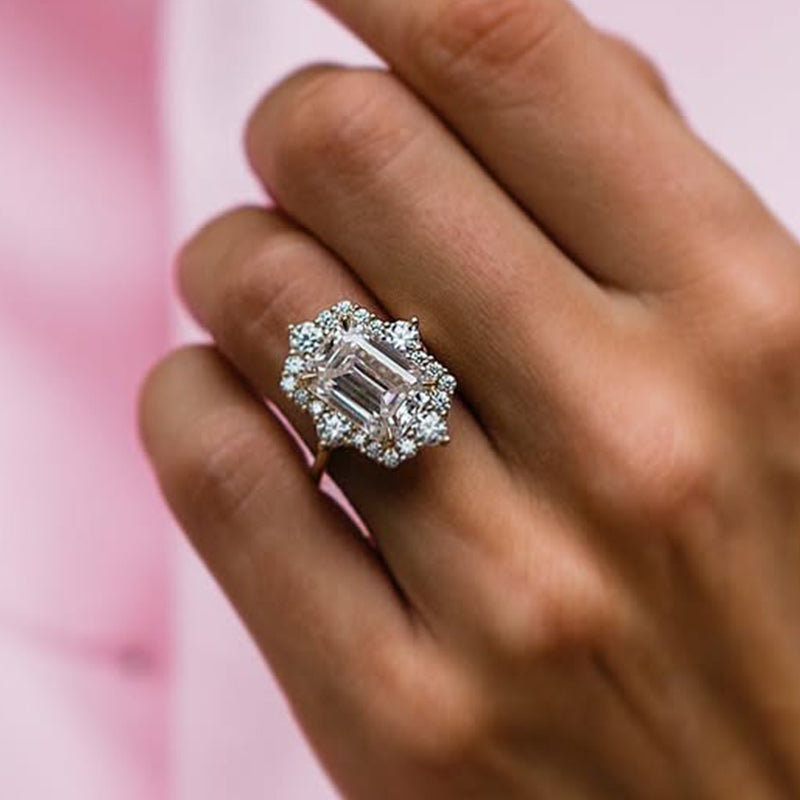 Vintage 3.0Ct Halo Emerald Cut White Stone Engagement Ring In Sterling Silver