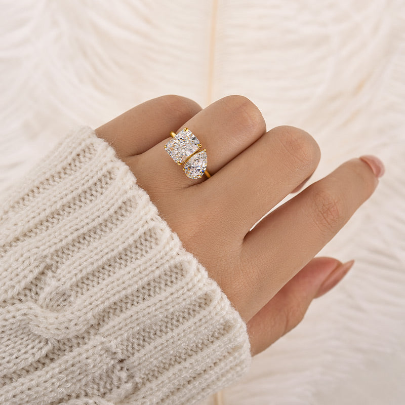 Toi et Moi Radiant & Pear Cut Engagement Ring In Sterling Silver