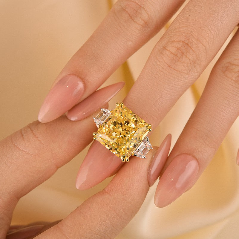 Luxurious Yellow Stone Radiant Cut Three Stone Engagement Ring In Sterling Silver - louilyjewelry