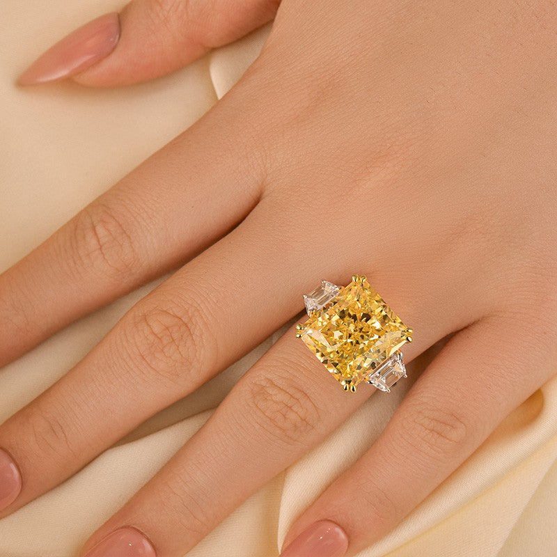 Luxurious Yellow Stone Radiant Cut Three Stone Engagement Ring In Sterling Silver - louilyjewelry