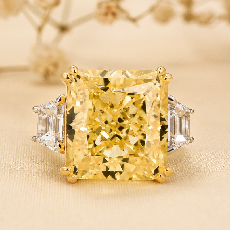 Luxurious Yellow Stone Radiant Cut Three Stone Engagement Ring In Sterling Silver - louilyjewelry