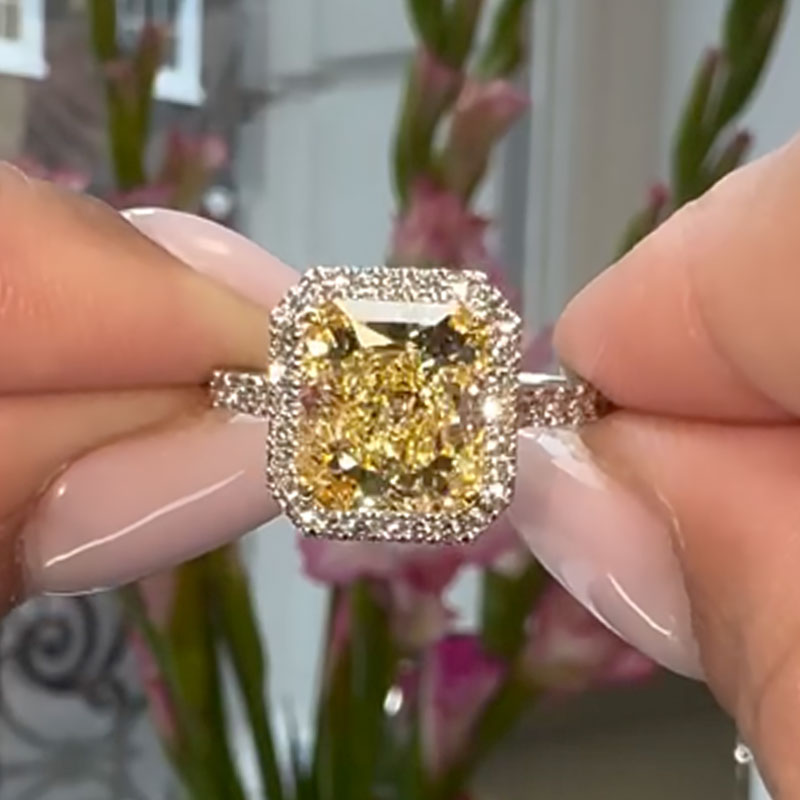 Louily Halo Yellow Stone 5.0Ct Radiant Cut Engagement Ring In Sterling Silver - louilyjewelry
