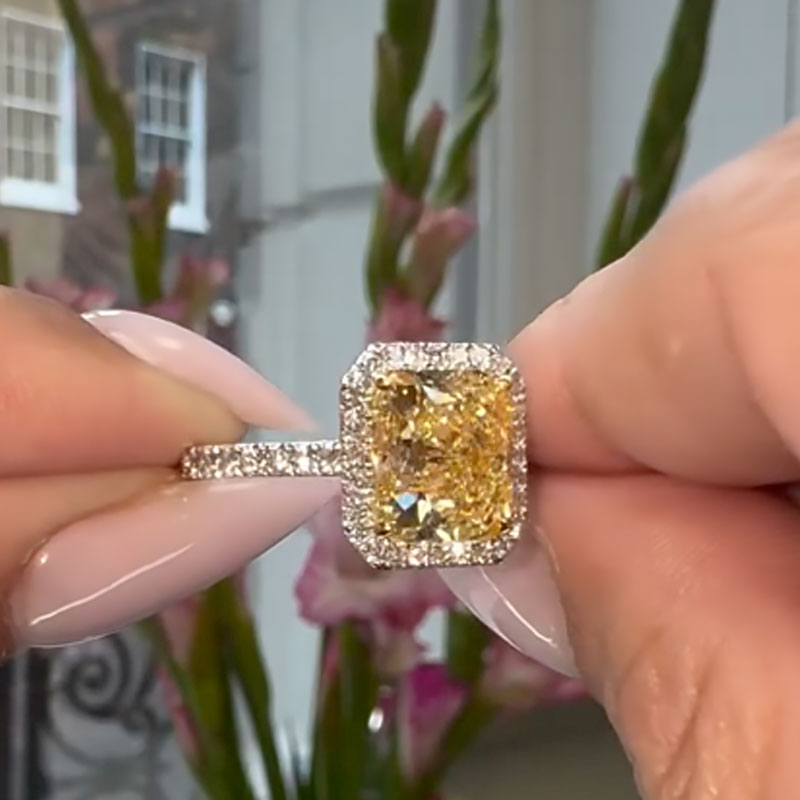 Louily Halo Yellow Stone 5.0Ct Radiant Cut Engagement Ring In Sterling Silver - louilyjewelry