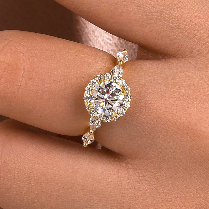 Louily Moissanite 1.0 Ct Halo Round Cut Yellow Gold Promise Ring - louilyjewelry