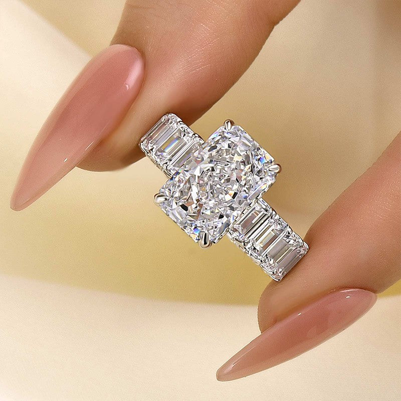 Luxurious 5.0 Carat Radiant Cut Engagement Ring With Emerald Cut Band - louilyjewelry