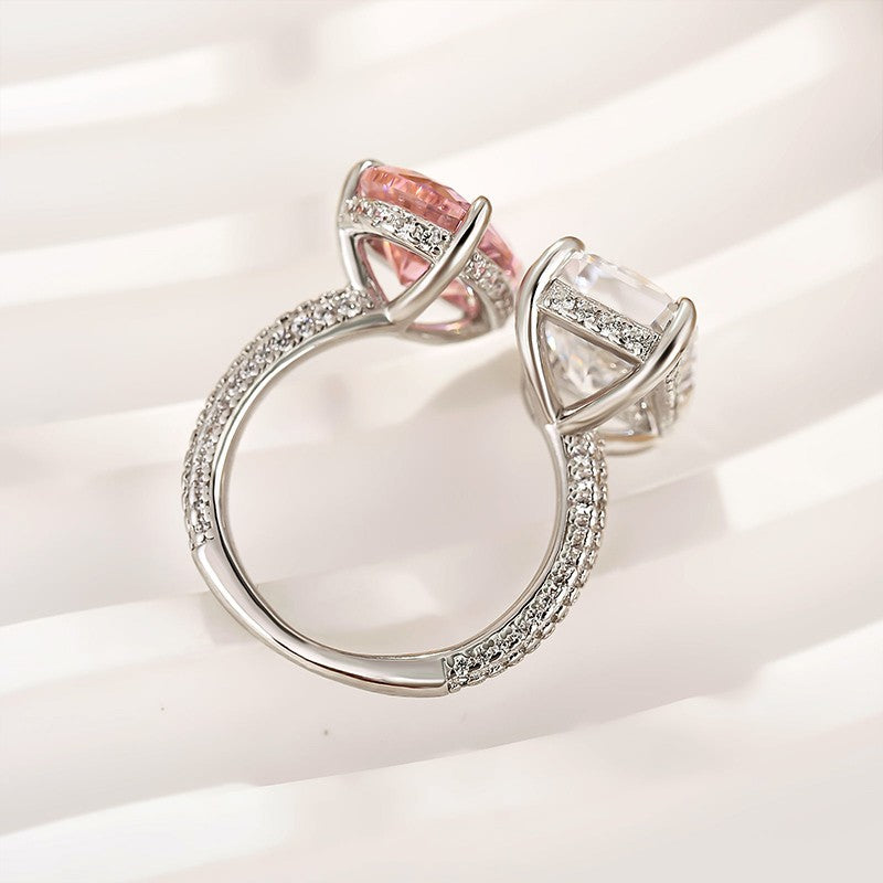 Toi et Moi Pink White Stone Radiant Cut Pear Cut Engagement Ring Travel Ring For Women - louilyjewelry