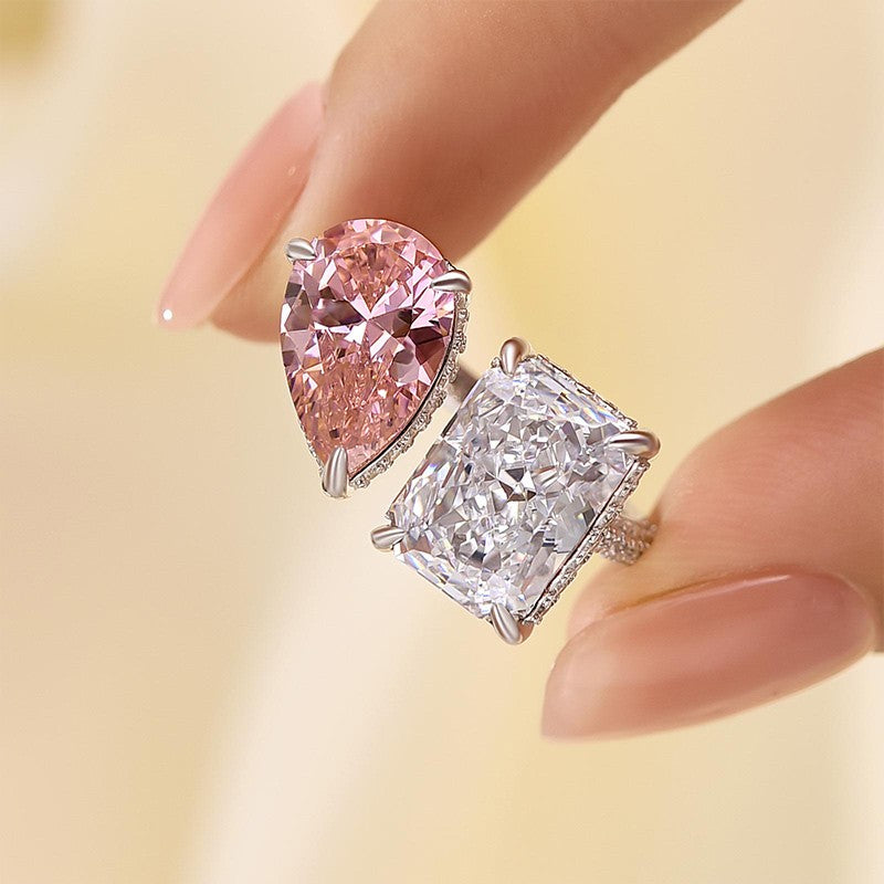 Toi et Moi Pink White Stone Radiant Cut Pear Cut Engagement Ring Travel Ring For Women - louilyjewelry