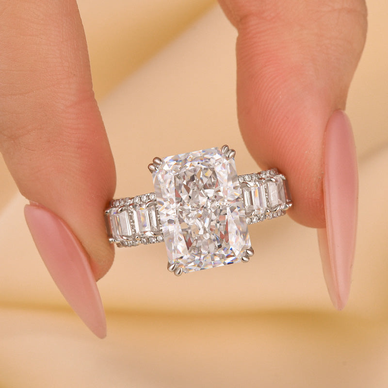 10.0Ct Radiant Cut Engagement Ring Travel Ring With Emerald Cut Band Stone - louilyjewelry