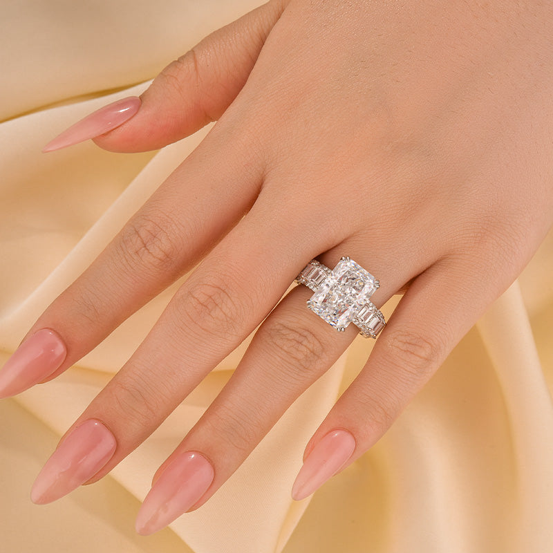10.0Ct Radiant Cut Engagement Ring Travel Ring With Emerald Cut Band Stone - louilyjewelry