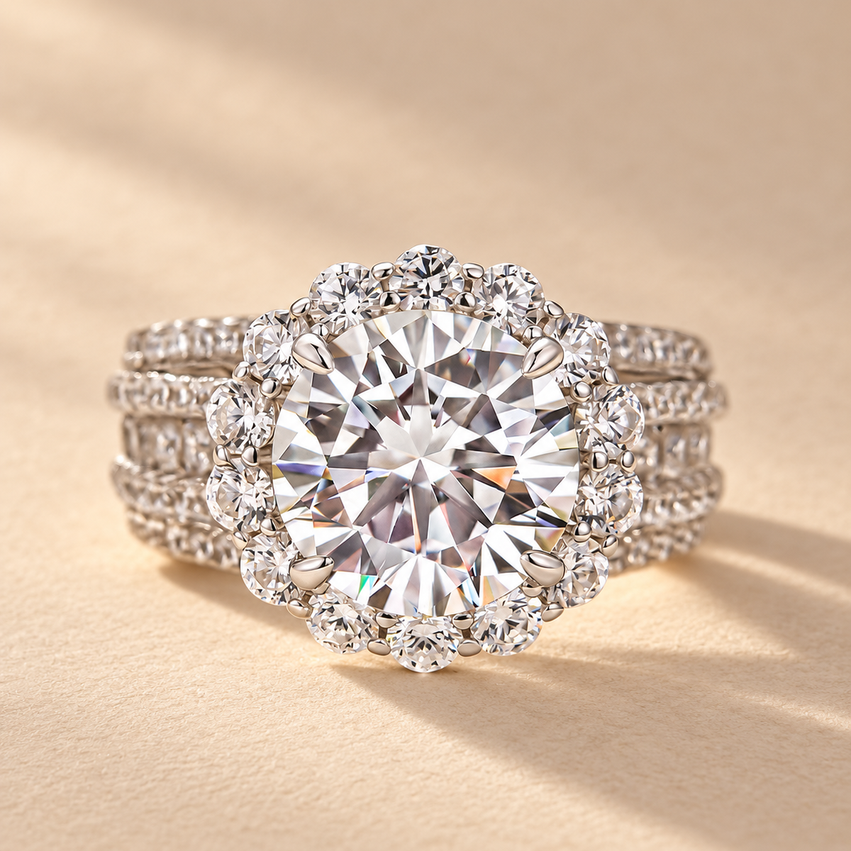 Moissanite Halo Split Shank 4.0Ct Round Cut Engagement Ring