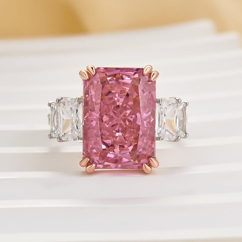 10.0Ct Pink Stone Radiant Cut Side Stone Engagement Ring Travel Ring In Sterling Silver
