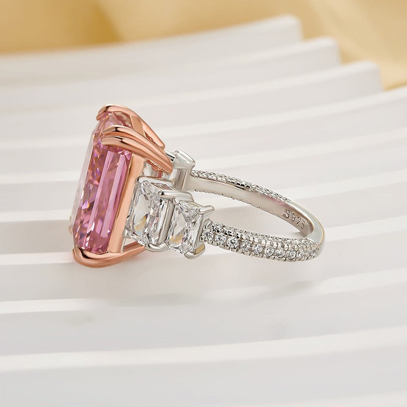 10.0Ct Pink Stone Radiant Cut Side Stone Engagement Ring Travel Ring In Sterling Silver