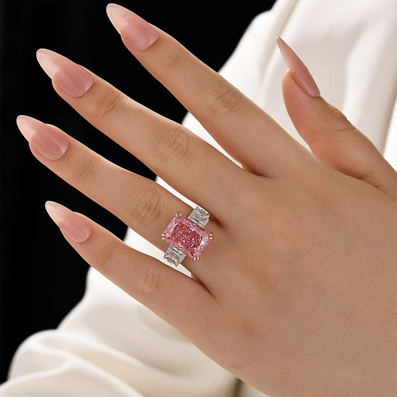 10.0Ct Pink Stone Radiant Cut Side Stone Engagement Ring Travel Ring In Sterling Silver