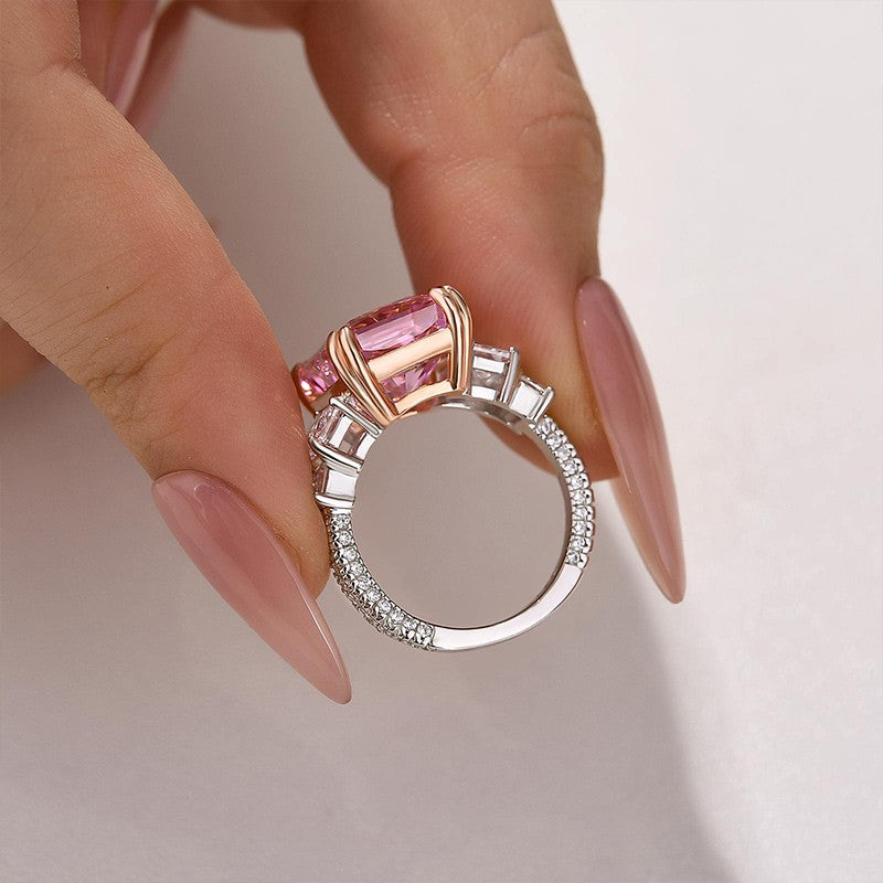 10.0Ct Pink Stone Radiant Cut Side Stone Engagement Ring Travel Ring In Sterling Silver