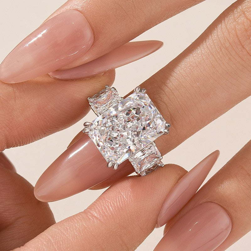 10.0Ct Radiant Cut Three Stone Luxe Engagement Ring In Sterling Silver