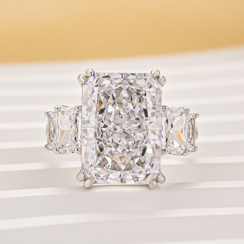 10.0Ct Radiant Cut Three Stone Luxe Engagement Ring In Sterling Silver