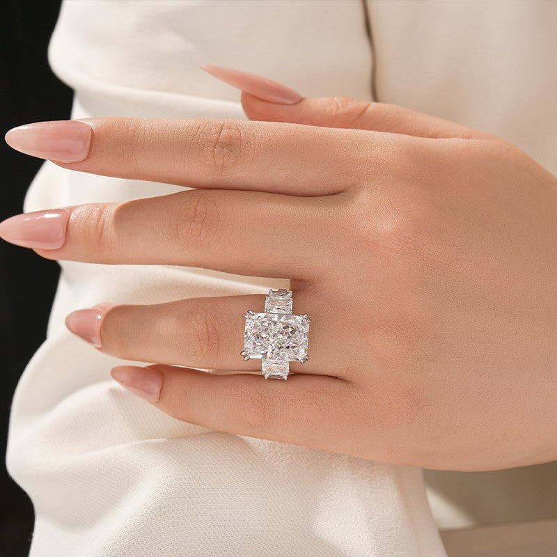 10.0Ct Radiant Cut Three Stone Luxe Engagement Ring In Sterling Silver