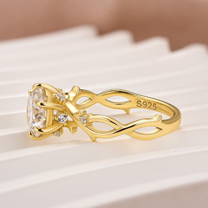 Moissanite 2.0 Ct Twig 6 Prong Round Cut Twist Yellow Gold Engagement Ring