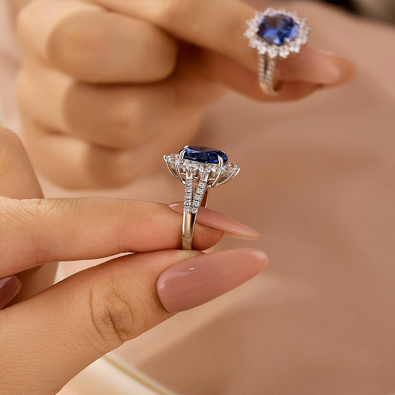 4.0Ct Halo Oval Cut Blue Stone Split Shank Engagement Ring In Sterling Silver - louilyjewelry