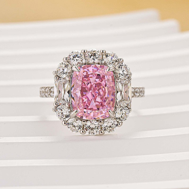Vintage 4.0Ct Halo Pink Cushion Cut Engagement Ring In Sterling Silver For Women - louilyjewelry